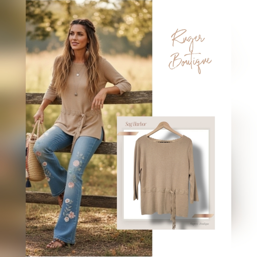 🌿Sag Harbor Women's Medium Tan Knit Crochet Tie Waist Longsleeve Sweater